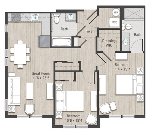 Floor plan for 2 beds, 2 baths, 955 sqft